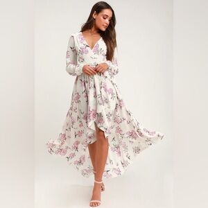 Lulus Floral Wrap Dress Womens XS White Pink High Low Maxi Cottagecore Romantic